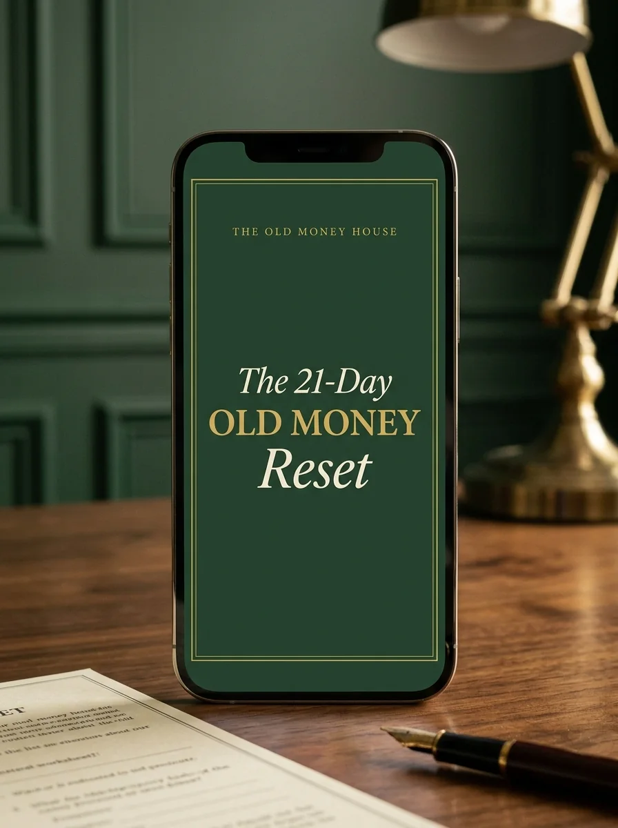 The 21-Day Old Money Reset on a phone, with a printed worksheet and a fountain pen